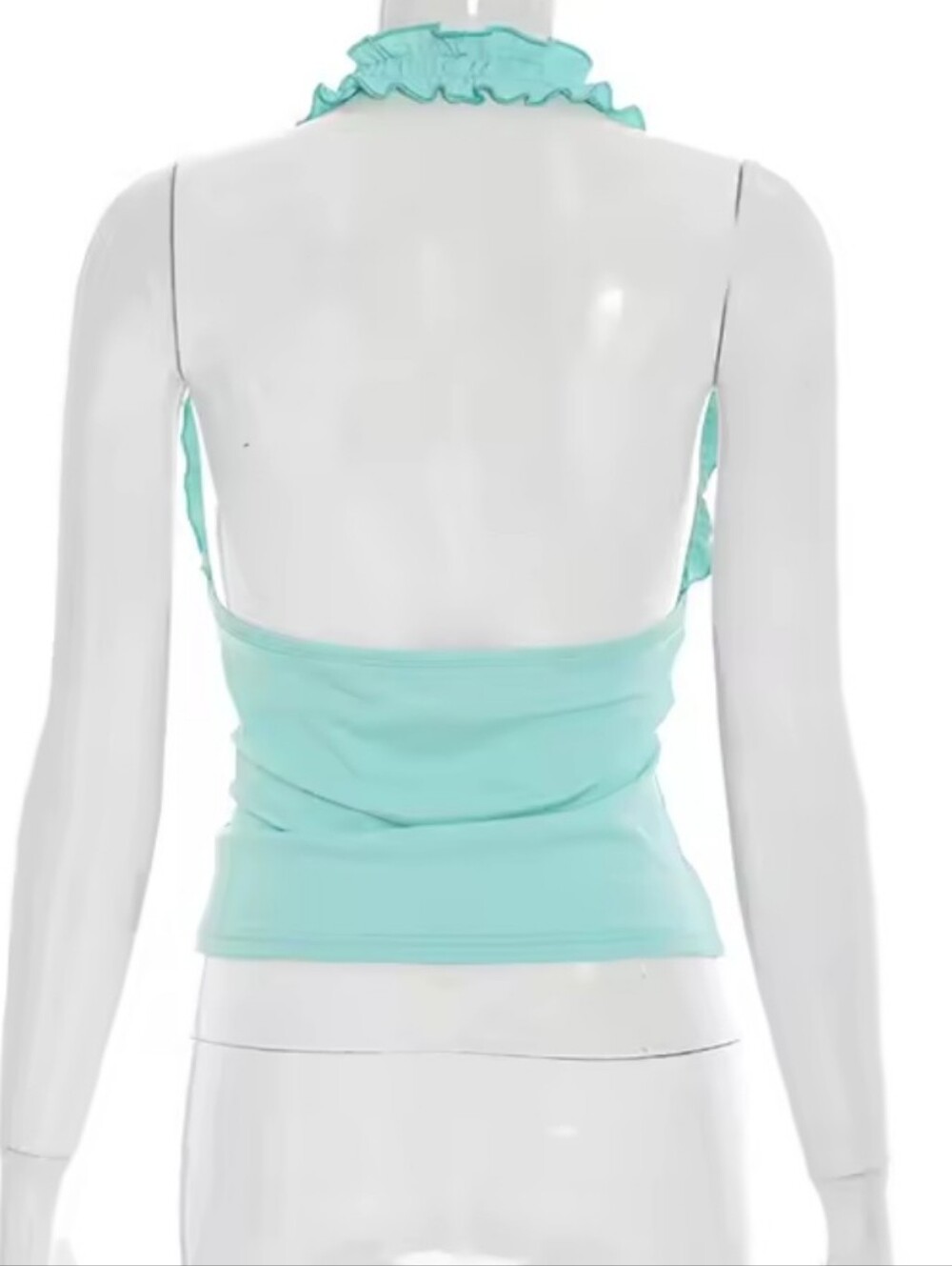 Women's Turquoise Halter Tops Ruffled Trim V-neck Ruched Slim Fit Casual - Picture 7 of 12